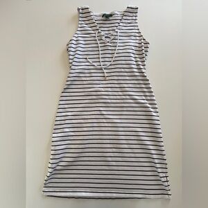 Lauren Ralph Lauren-Nautical Shift Tank Dress-White-Black-Stripes-Cotton-Size M